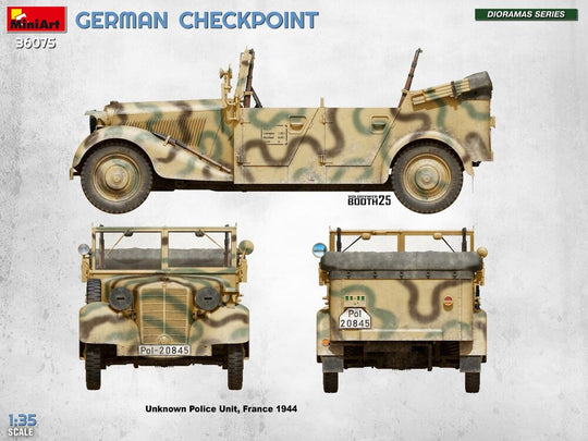 German Checkpoint. 3t Cargo Truck 3,6-36S & Kfz.1 Type 170VK w/ Feldgendarmerie. Big Set