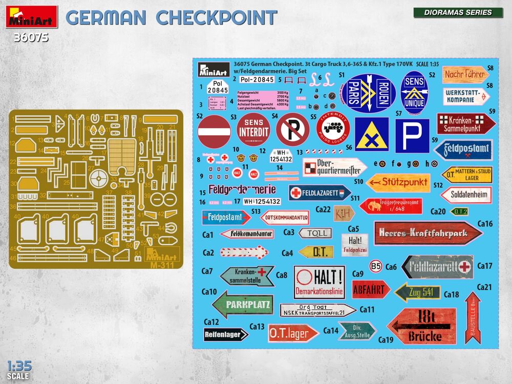German Checkpoint. 3t Cargo Truck 3,6-36S & Kfz.1 Type 170VK w/ Feldgendarmerie. Big Set