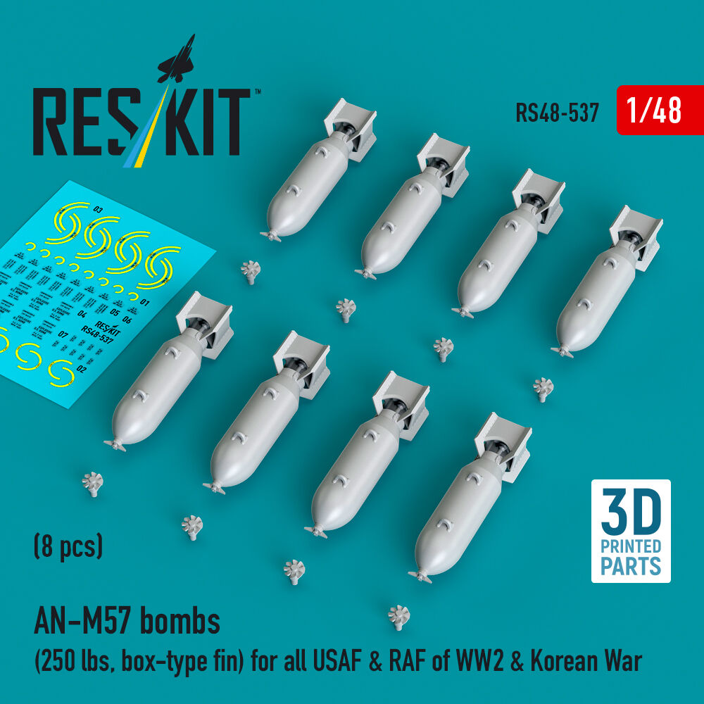 AN-M57 bombs (250 lbs, box-type fin) for all USAF & RAF of WW2 & Korean War (8 pcs) (3D Printed)
