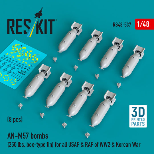 AN-M57 bombs (250 lbs, box-type fin) for all USAF & RAF of WW2 & Korean War (8 pcs) (3D Printed)