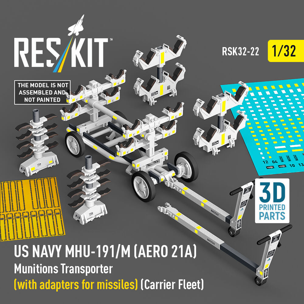 US NAVY MHU-191/M (AERO 21A) Munitions Transporter (with adapters for missiles) (Carrier Fleet) (3D Printed model kit)