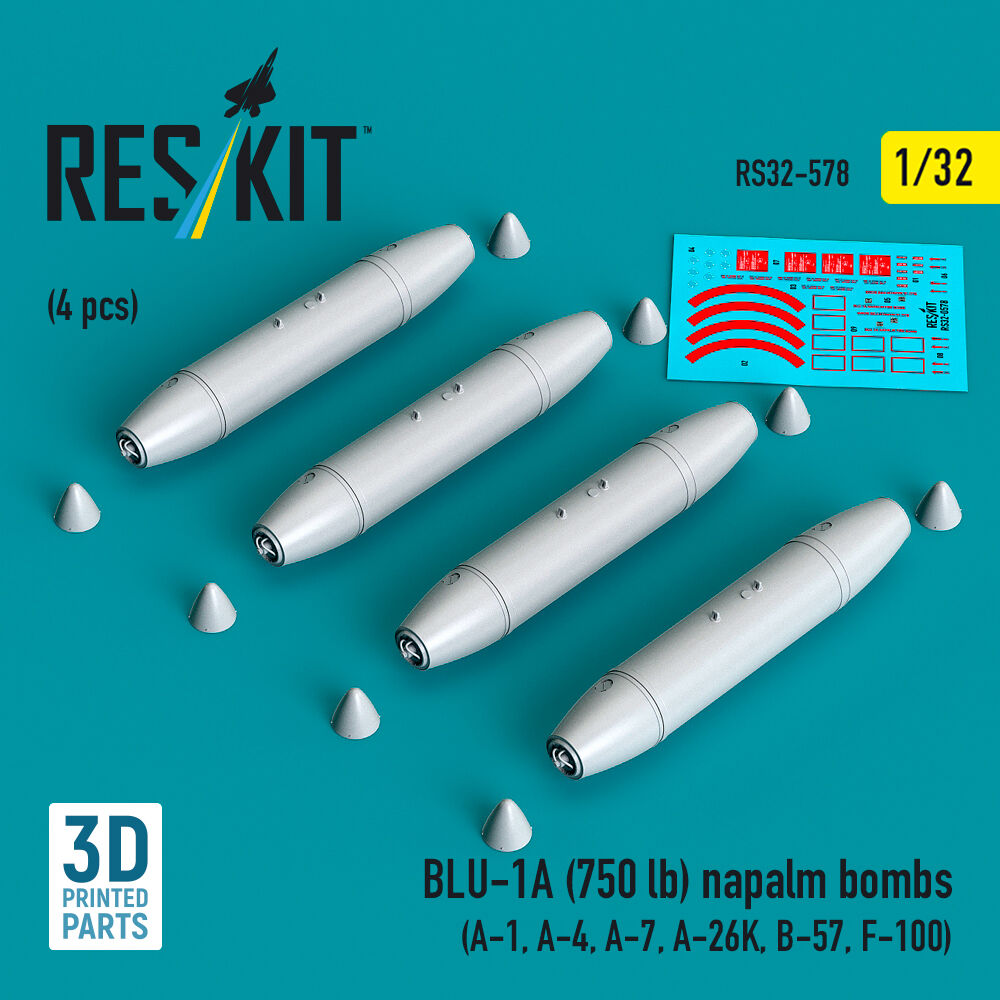 BLU-1A (750 lb) napalm bombs (4 pcs) (A-1, A-4, A-7, A-26K, B-57, F-100) (3D Printed)