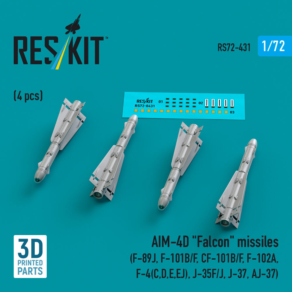 AIM-4D Falcon missiles (4 pcs) (F-89J, F-101B/F, CF-101B/F, F-102A, F-4(C,D,E,EJ), J-35F/J, J-37, AJ-37) (3D Printed)