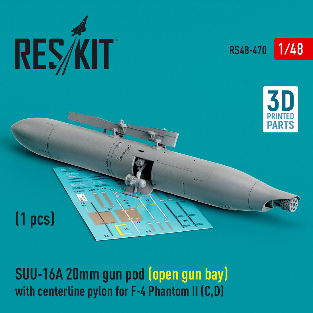 SUU-16A 20mm gun pod (open gun bay) with centerline pylon for F-4 Phantom II (C,D) (1 pcs) (3D Printed)