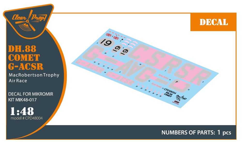 DH.88 Comet G-ACSR MacRobertson Trophy Air Race Decal for Mikromir kit