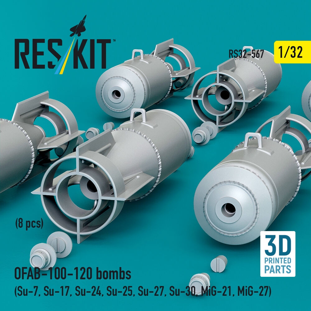 OFAB-100-120 bombs (8 pcs) (Su-7, Su-17, Su-24, Su-25, Su-27, Su-30, MiG-21, MiG-27) (3D Printed)