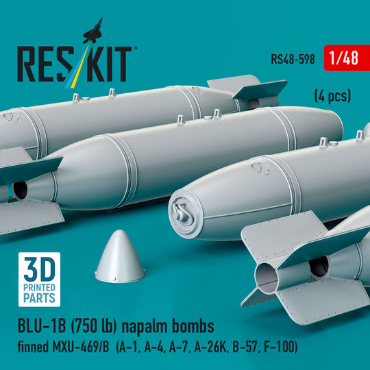 BLU-1B (750 lb) napalm bombs finned MXU-469/B (4 pcs) (A-1, A-4, A-7, A-26K, B-57, F-100) (3D Printed)