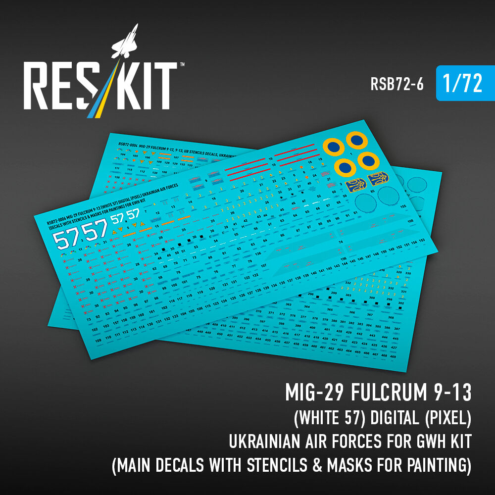 MiG-29 Fulcrum 9-13 (White 57) Digital (Pixel) Ukrainian Air Forces for GWH kit (Main Decals with Stencils & Masks for painting)