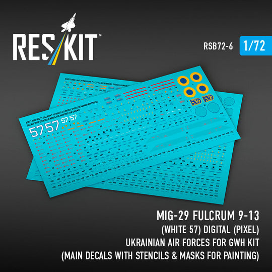MiG-29 Fulcrum 9-13 (White 57) Digital (Pixel) Ukrainian Air Forces for GWH kit (Main Decals with Stencils & Masks for painting)