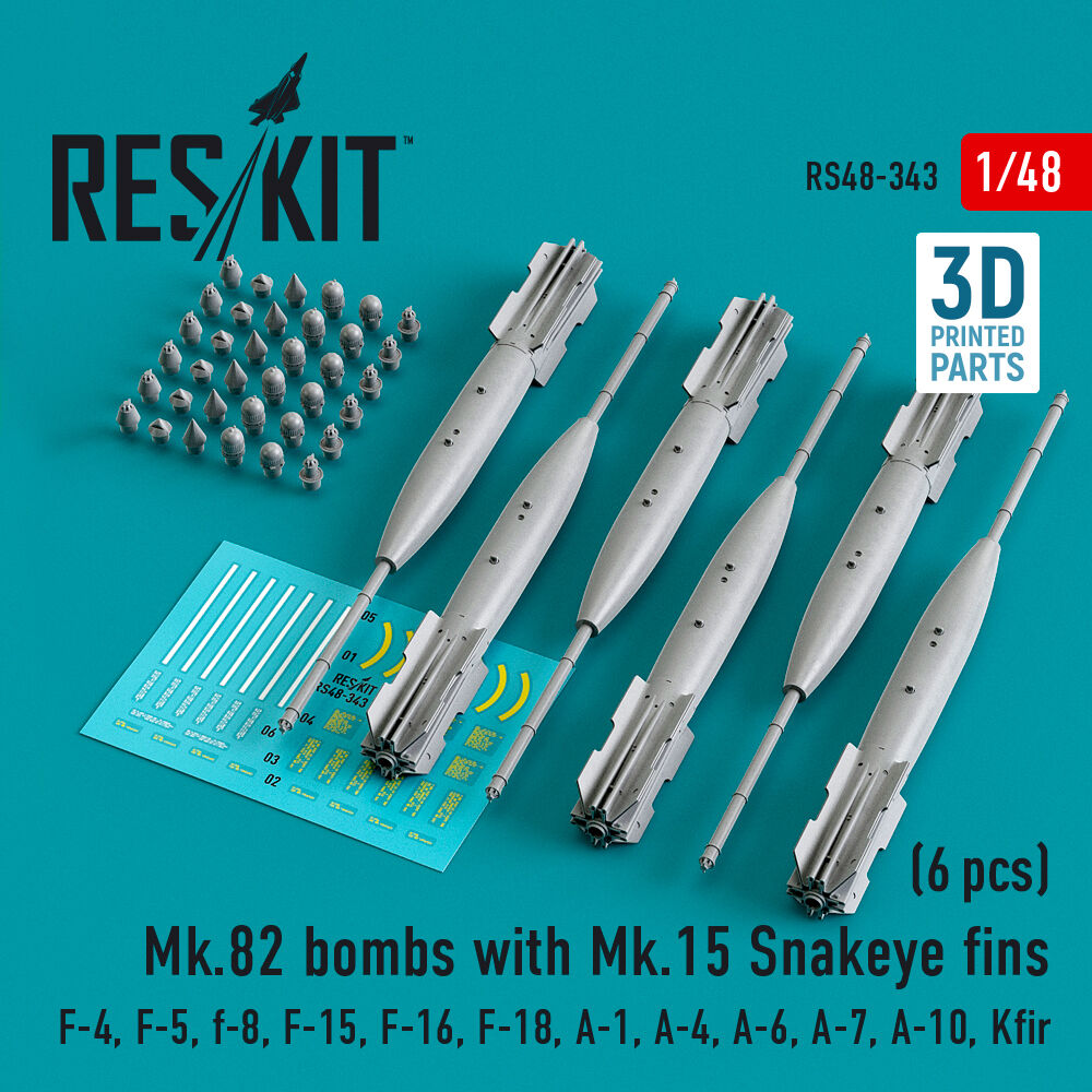 Mk.82 bombs with Mk.15 Snakeye fins (6 pcs) (F-4, F-5, F-8, F-15, F-16, F-18, A-1, A-4, A-6, A-7, A-10, Kfir) (3D Printed)