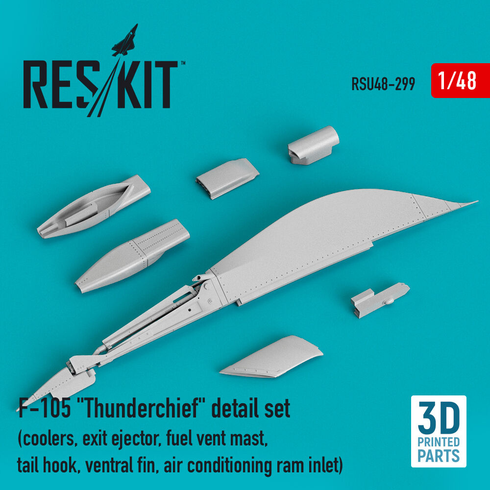 F-105 Thunderchief detail set (coolers, exit ejector, fuel vent mast, tail hook,ventral fin, air conditioning ram inlet) (3D Printed)