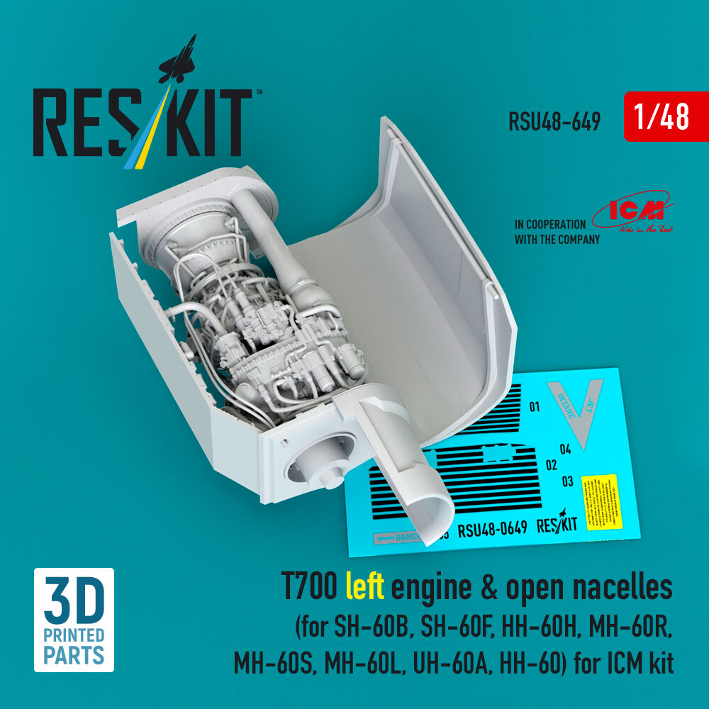 T700 left engine & open nacelles (for SH-60B, SH-60F, HH-60H, MH-60R, MH-60S, MH-60L, UH-60A, HH-60) (3D Printed) for ICM