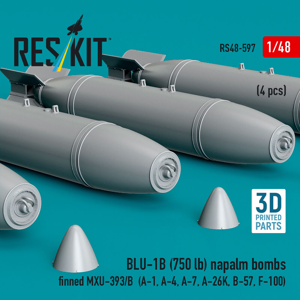 BLU-1B (750 lb) napalm bombs finned MXU-393/B (4 pcs) (A-1, A-4, A-7, A-26K, B-57, F-100) (3D Printed)