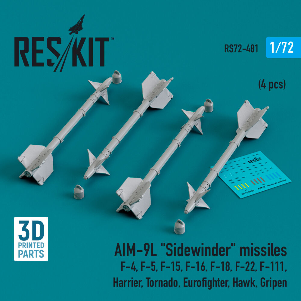 AIM-9L Sidewinder missiles (4 pcs) (F-4, F-5, F-15, F-16, F-18, F-22, F-111, Harrier, Tornado, Eurofighter, Hawk, Gripen) (3D Printed)