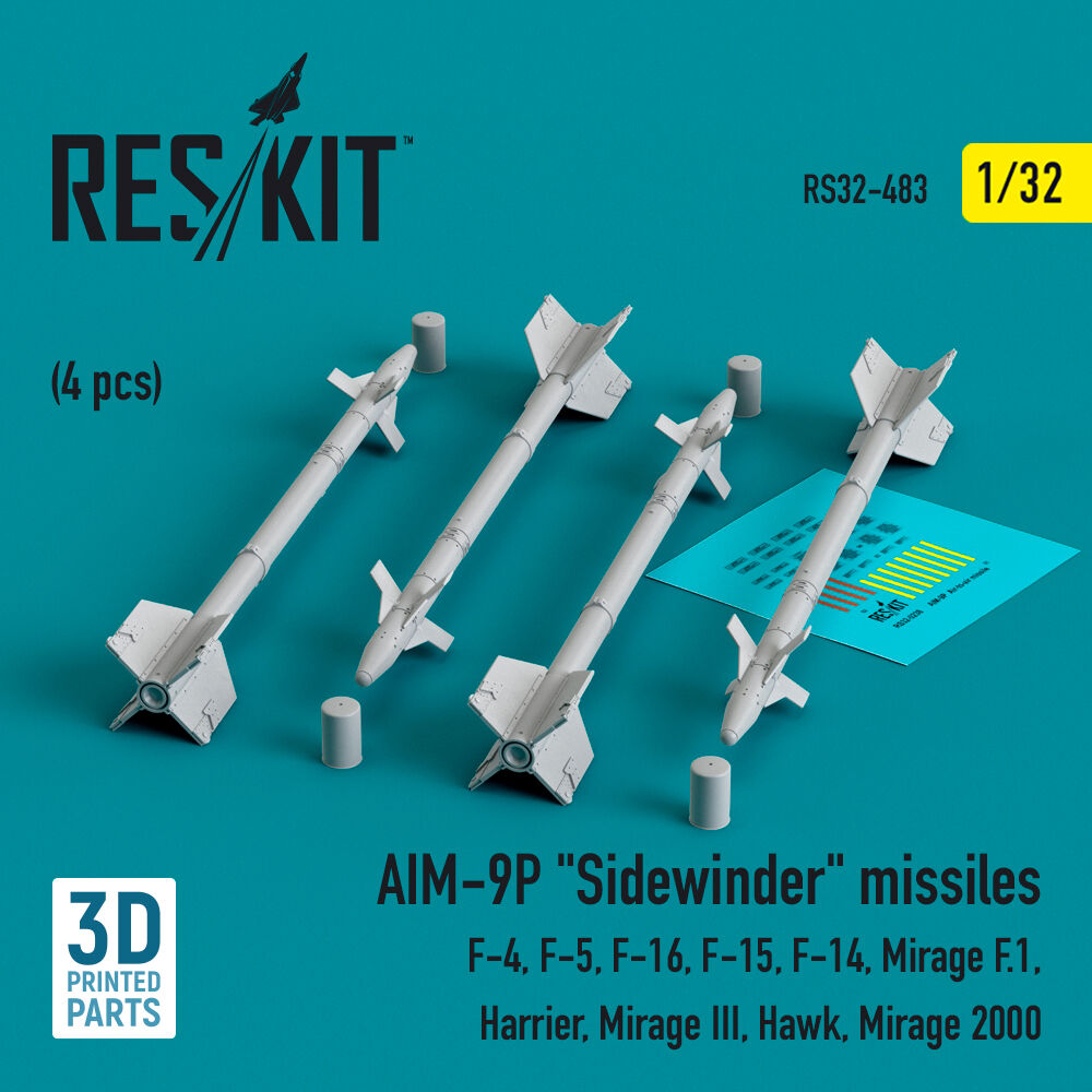 AIM-9P Sidewinder missiles (4 pcs) (F-4, F-5, F-16, F-15, F-14, Mirage F.1, Harrier, Mirage III, Hawk, Mirage 2000) (3D Printed)