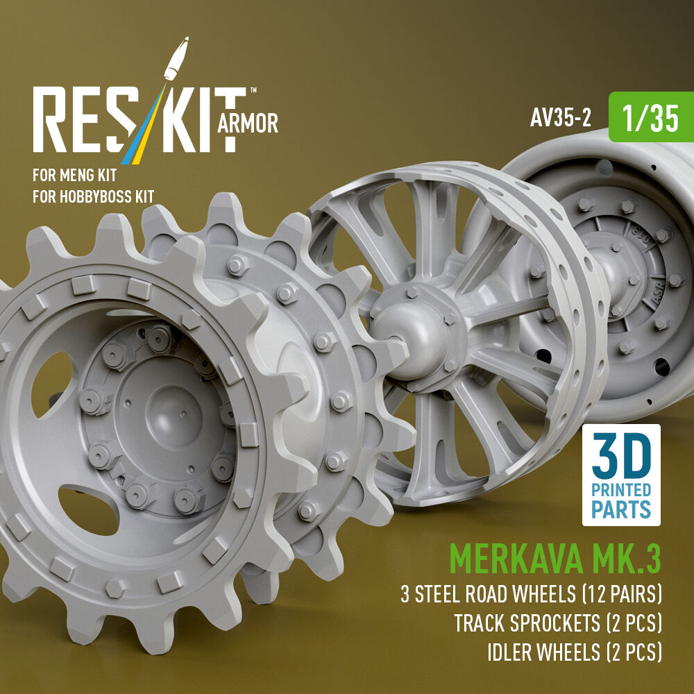 Merkava Mk.3 steel road wheels (12 pairs), track sprockets (2 pcs), idler wheels (2 pcs) for Meng/HobbyBoss kit (3D Printed)