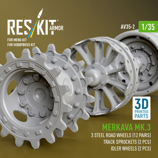 Merkava Mk.3 steel road wheels (12 pairs), track sprockets (2 pcs), idler wheels (2 pcs) for Meng/HobbyBoss kit (3D Printed)