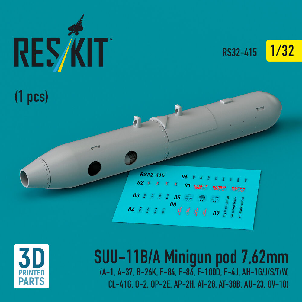 SUU-11B/A Minigun pod 7,62mm (1 pcs) (A-1, A-37, B-26K, F-84, F-86, F-100D, F-4J, AH-1G/J/S/T/W, CL-41G, O-2, OP-2E, AP-2H, AT-28, AT-38B, AU-23, OV-10) (3D printed)