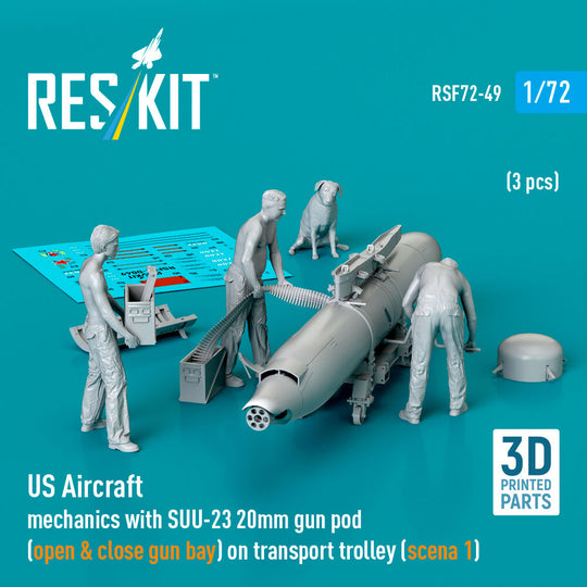 US Aircraft mechanics with SUU-23 20mm gun pod (open & close gun bay) on transport trolley (scene 1) (3 pcs) (3D Printed)