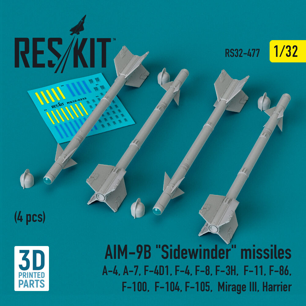 AIM-9B Sidewinder missiles (4 pcs) (A-4, A-7, F-4D1, F-4, F-8, F-3H, F-11, F-86,F-100, F-104, F-105, Mirage III, Harrier) (3D Printed)