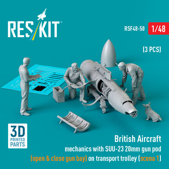 British Aircraft mechanics with SUU-23 20mm gun pod (open & close gun bay) on on transport trolley (scene 1) (3 pcs) (3D Printed)