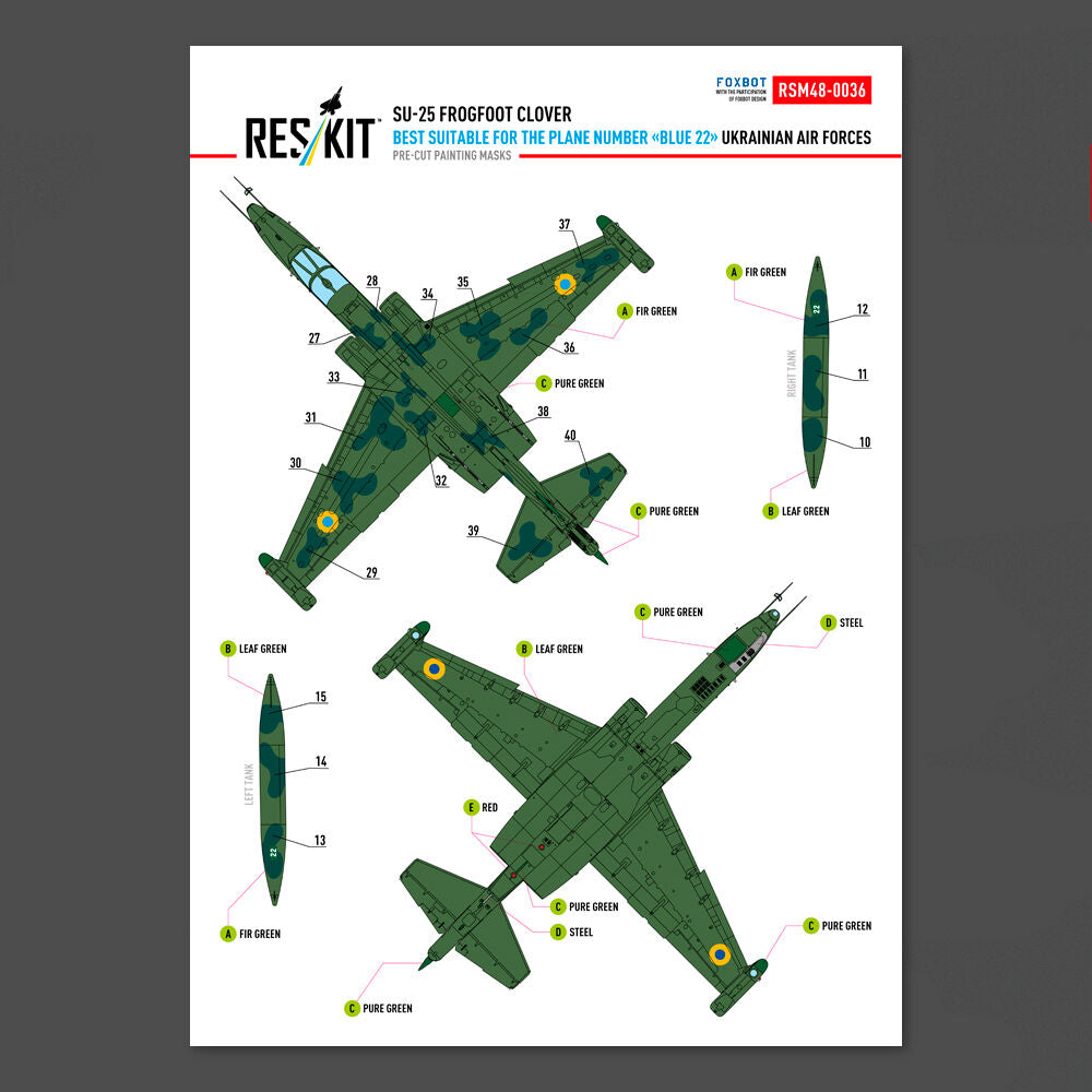 Su-25 Frogfoot Clover (best suitable for the plane number “blue 22”) Ukrainian Air Forces (Pre-cut painting masks )