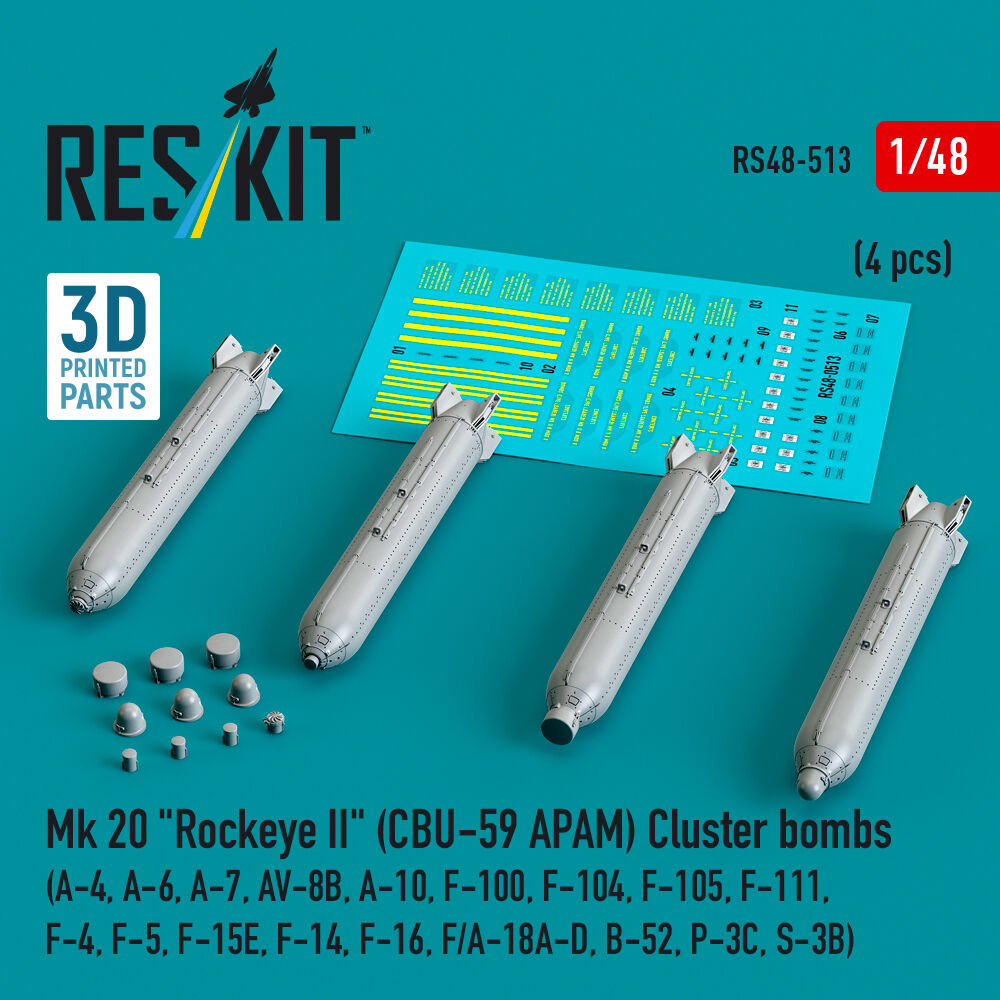Mk 20 Rockeye II (CBU-59 APAM) Cluster bombs (A-4, A-6, A-7, AV-8B, A-10, F-100, F-104, F-105, F-111, F-4, F-5, F-15E, F-14, F-16, F/A-18A-D, B-52, P-3C, S-3B) (4 pcs) (3D Printed)