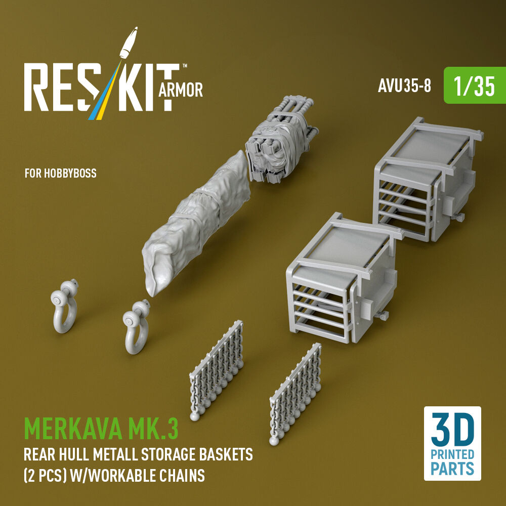 Merkava Mk.3 rear hull metall storage baskets (2 pcs) w/workable chains for HobbyBoss kit (3D Printed)