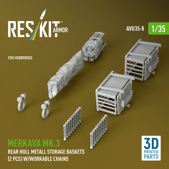 Merkava Mk.3 rear hull metall storage baskets (2 pcs) w/workable chains for HobbyBoss kit (3D Printed)