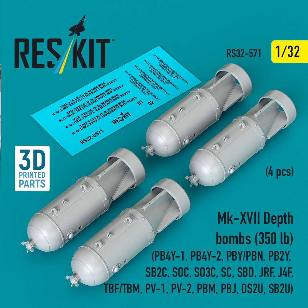 Mk-XVII Depth bombs (350 lb) (4 pcs) (PB4Y-1, PB4Y-2, PBY/PBN, PB2Y, SB2C, SOC, SO3C, SC, SBD, JRF, J4F, TBF/TBM, PV-1, PV-2, PBM, PBJ, OS2U, SB2U) (3D Printed)