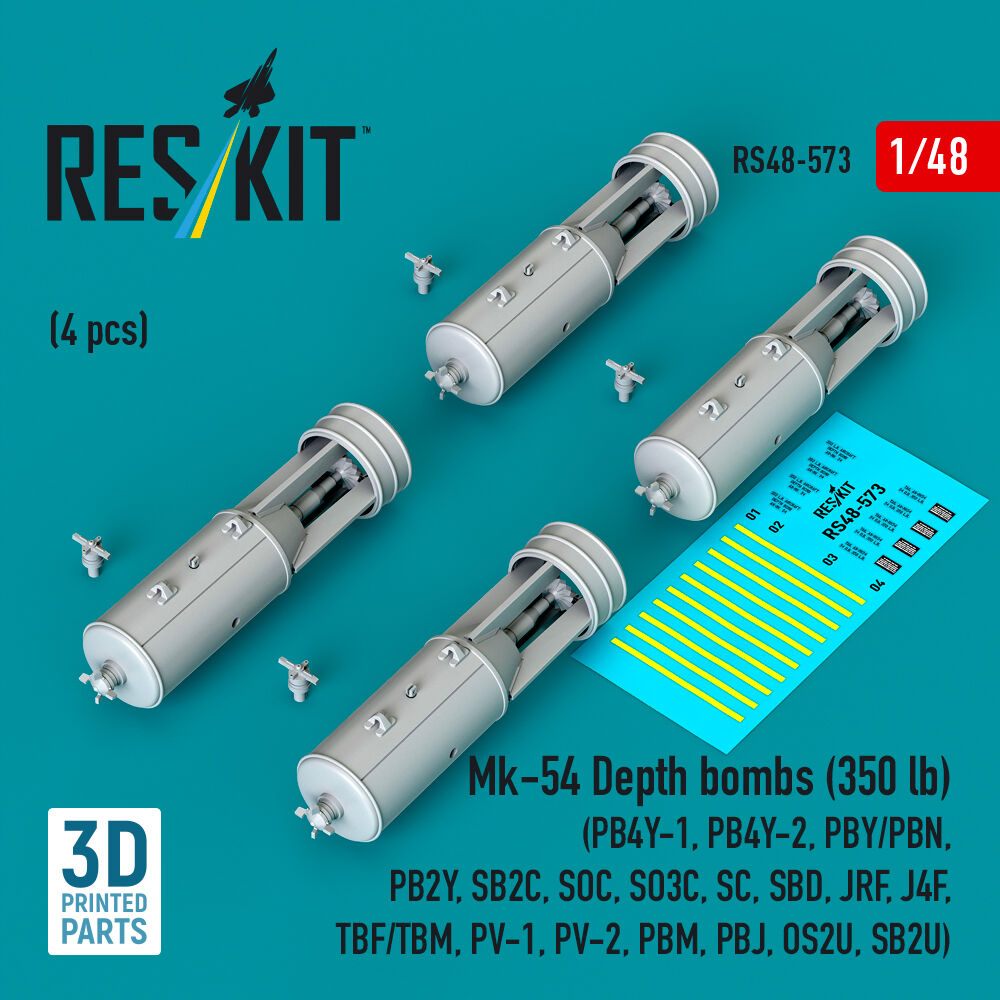 Mk-54 Depth bombs (350 lb) (4 pcs) (PB4Y-1, PB4Y-2, PBY/PBN, PB2Y, SB2C, SOC, SO3C, SC, SBD, JRF, J4F, TBF/TBM, PV-1, PV-2, PBM, PBJ, OS2U, SB2U) (3D Printed)