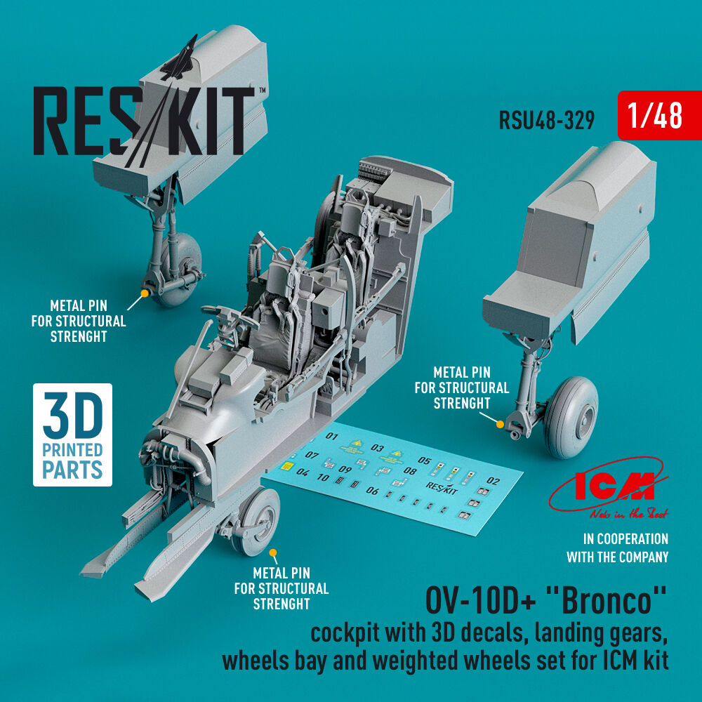 OV-10D+ Bronco Cockpit, landing gears, wheels bay and weighted wheels set for ICM kit (3d Printed)