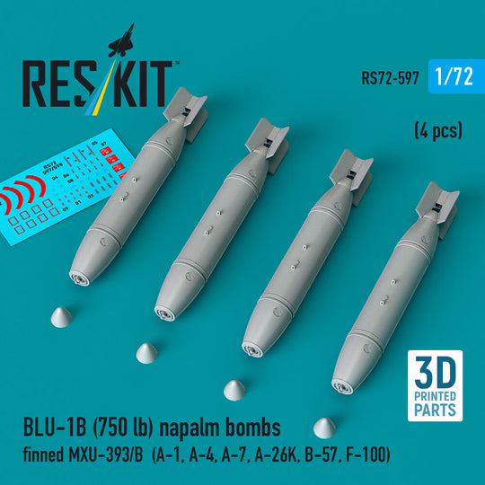 BLU-1B (750lb) napalm bombs finned MXU-393/B (4 pcs) (A-1, A-4, A-7, A-26K, B-57, F-100) (3D Printed)