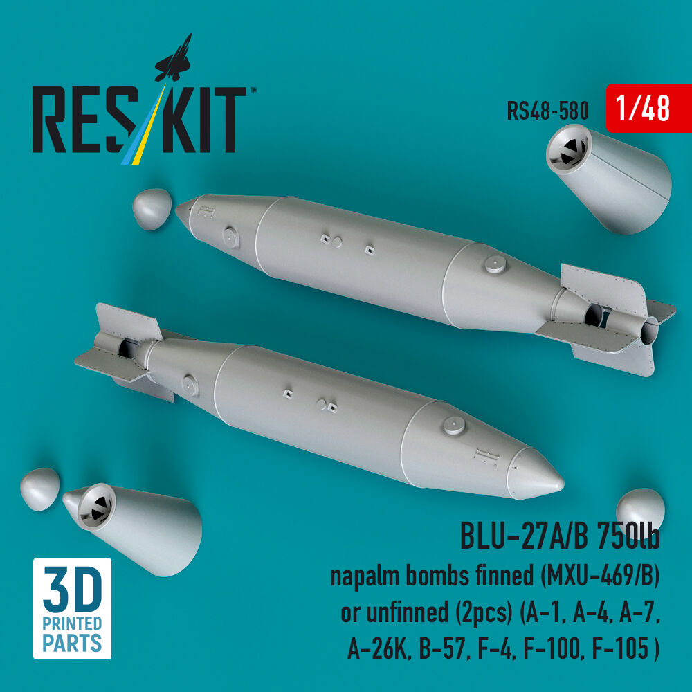 BLU-27A/B 750lb napalm bombs finned (MXU-469/B) or unfinned (2pcs) (A-1, A-4, A-7, A-26K, B-57, F-4, F-100, F-105 ) (3D Printed)