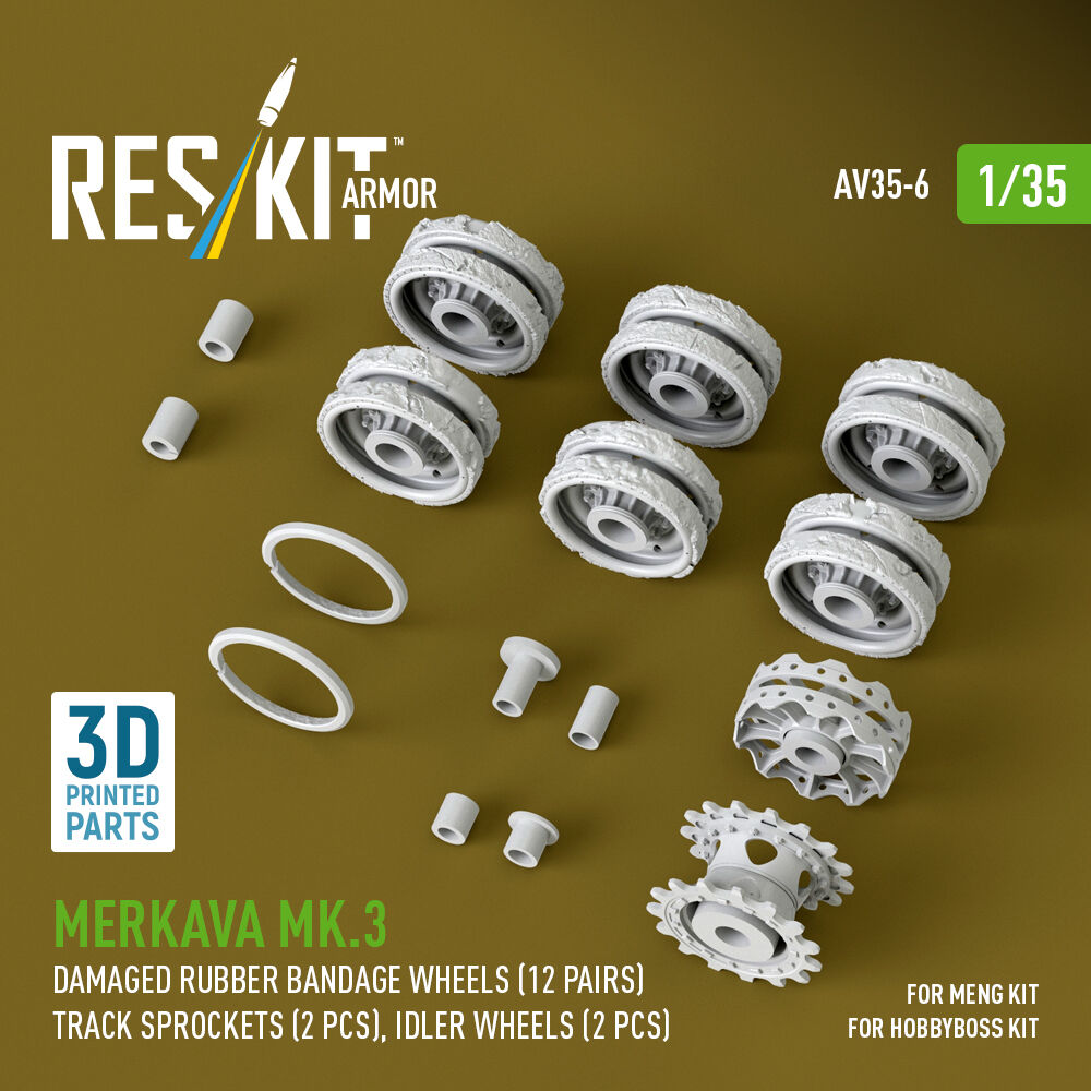 Merkava Mk.3 damaged rubber bandage wheels (12 pairs), track sprockets (2 pcs), idler wheels (2 pcs) for Meng/HobbyBoss kit (3D Printed)