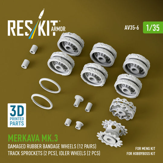 Merkava Mk.3 damaged rubber bandage wheels (12 pairs), track sprockets (2 pcs), idler wheels (2 pcs) for Meng/HobbyBoss kit (3D Printed)
