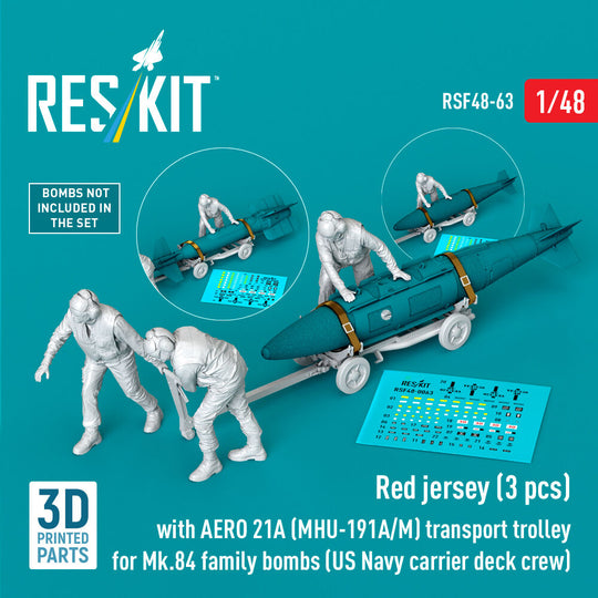 Red jerseys (3 pcs) with AERO 21A (MHU-191A/M) transport trolley for Mk.84 family bombs (US Navy carrier deck crew) (3D Printed)