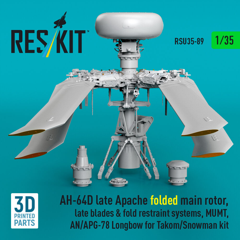 AH-64D late Apache folded main rotor, late blades & fold restraint systems, MUMT, AN/APG-78 Longbow for Takom/Snowman kit (3D Printed)