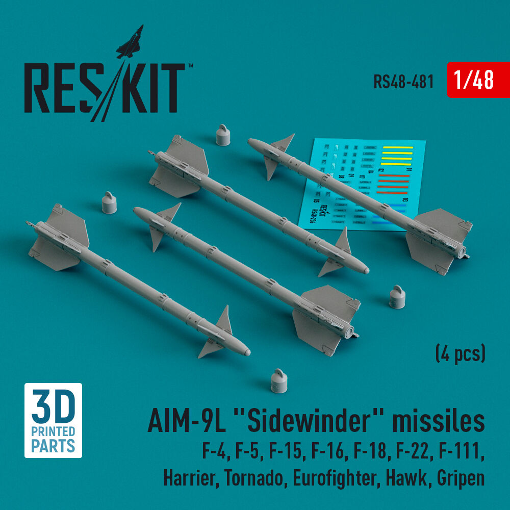 AIM-9L Sidewinder missiles (4 pcs) (F-4, F-5, F-15, F-16, F-18, F-22, F-111, Harrier, Tornado, Eurofighter, Hawk, Gripen) (3D Printed)