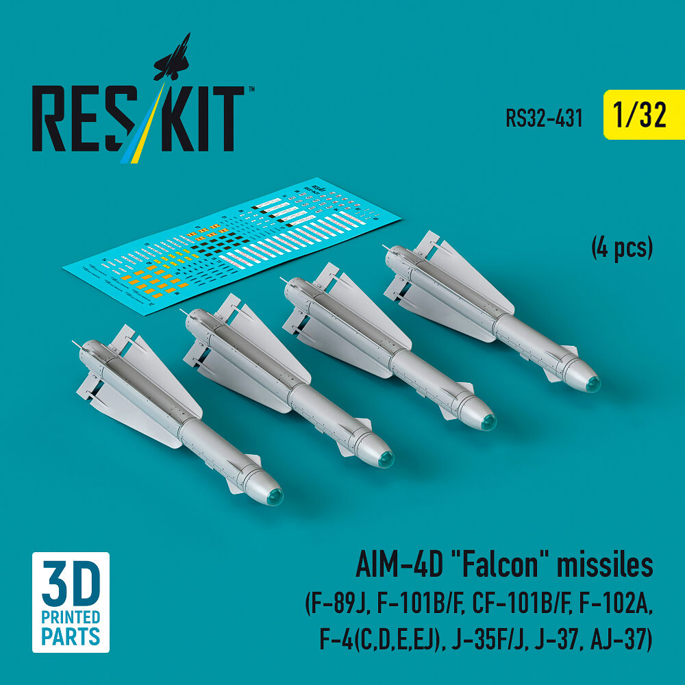 AIM-4D Falcon missiles (4 pcs) (F-89J, F-101B/F, CF-101B/F, F-102A, F-4(C,D,E,EJ), J-35F/J, J-37, AJ-37) (3D Printed)