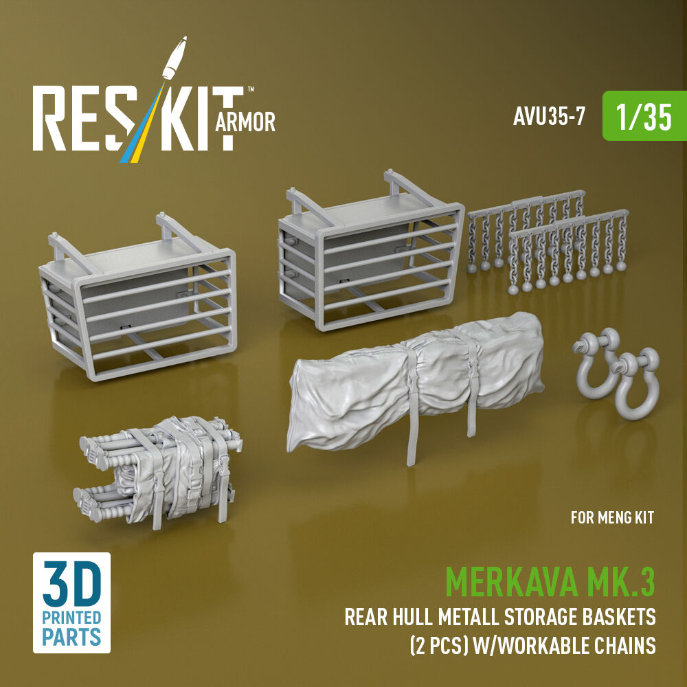 Merkava Mk.3 rear hull metall storage baskets (2 pcs) w/workable chains for Meng kit (3D Printed)