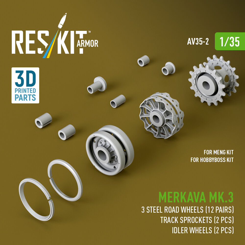 Merkava Mk.3 steel road wheels (12 pairs), track sprockets (2 pcs), idler wheels (2 pcs) for Meng/HobbyBoss kit (3D Printed)