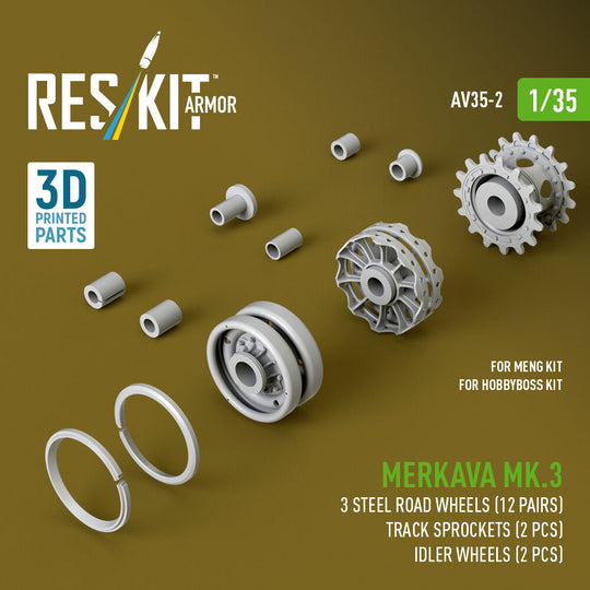 Merkava Mk.3 steel road wheels (12 pairs), track sprockets (2 pcs), idler wheels (2 pcs) for Meng/HobbyBoss kit (3D Printed)