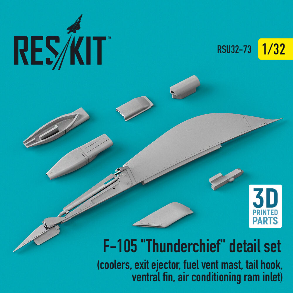 F-105 Thunderchief detail set (coolers, exit ejector, fuel vent mast, tail hook,ventral fin, air conditioning ram inlet) (3D Printed)