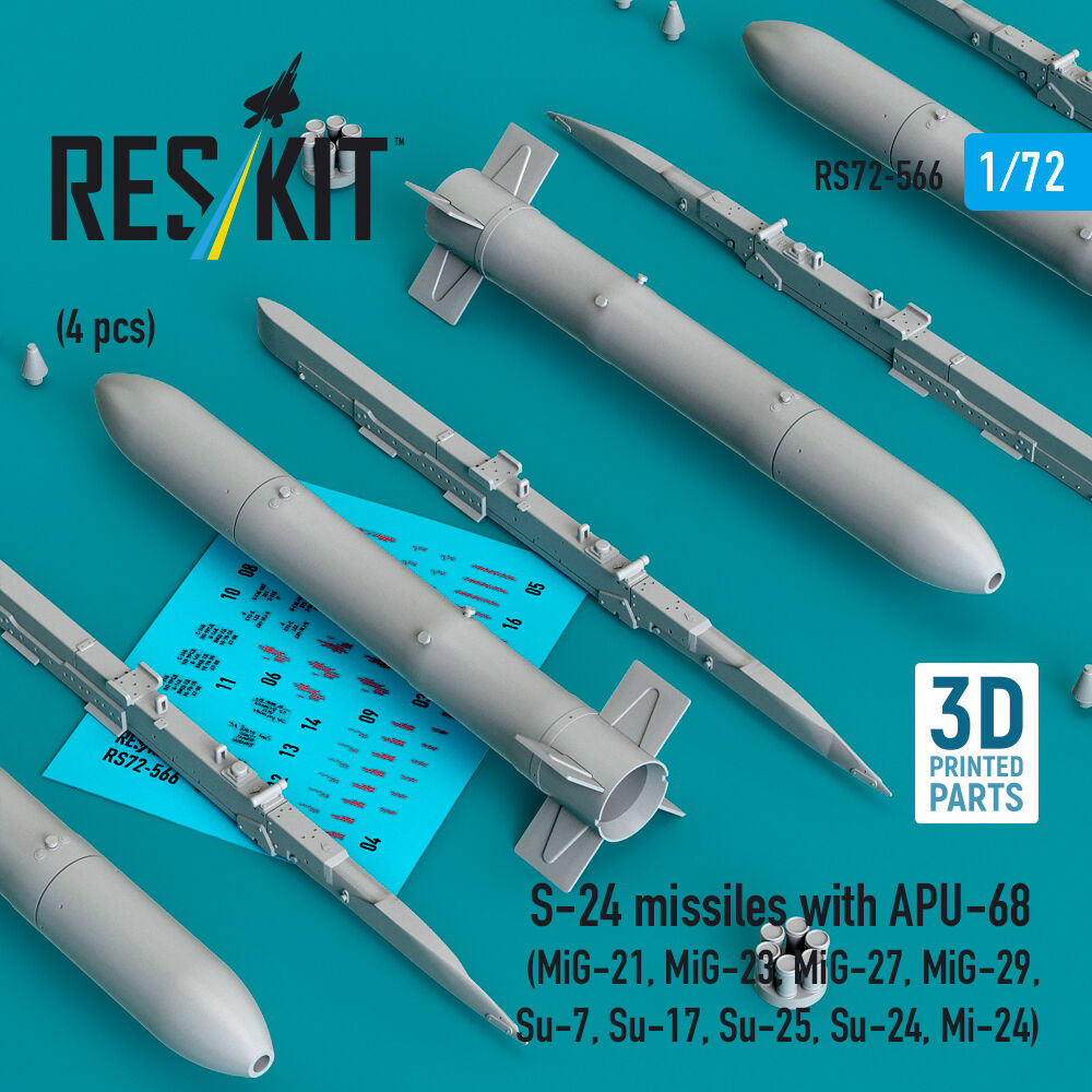 S-24 missiles with APU-68 (4 pcs) (MiG-21, MiG-23, MiG-27, MiG-29, Su-7, Su-17, Su-25, Su-24, Mi-24) (3D Printed)