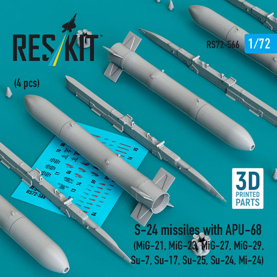 S-24 missiles with APU-68 (4 pcs) (MiG-21, MiG-23, MiG-27, MiG-29, Su-7, Su-17, Su-25, Su-24, Mi-24) (3D Printed)