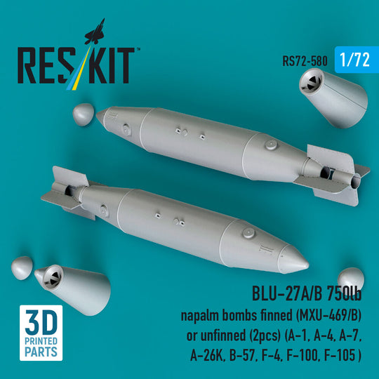 BLU-27A/B 750lb napalm bombs finned (MXU-469/B) or unfinned (2pcs) (A-1, A-4, A-7, A-26K, B-57, F-4, F-100, F-105 ) (3D Printed)