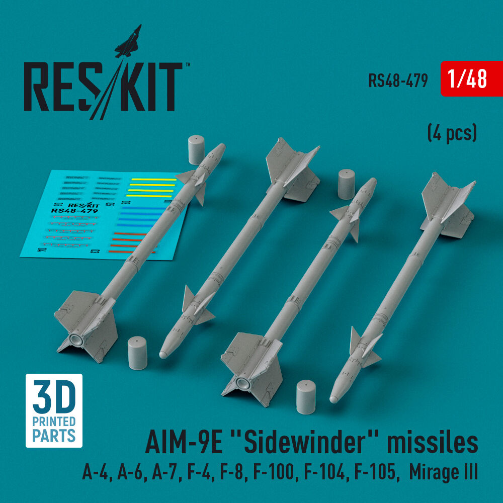 AIM-9E Sidewinder missiles (4 pcs) (A-4, A-6, A-7, F-4, F-8, F-100, F-104, F-105, Mirage III) (3D Printed)
