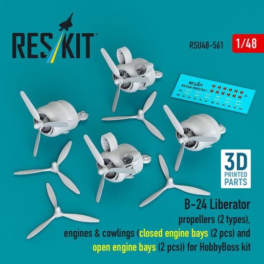 B-24 Liberator propellers (2 types), engines & cowlings (closed engine bays (2 pcs) and open engine bays (2 pcs)) (3D Printed) for Hobby Boss
