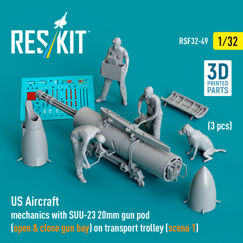 US Aircraft mechanics with SUU-23 20mm gun pod (open & close gun bay) on transport trolley (scene 1) (3 pcs) (3D Printed)